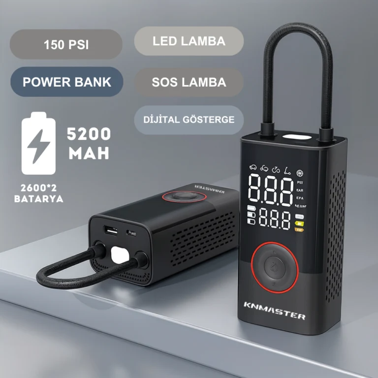 Knmaster LP200 PRO – 150 PSI Dijital Göstergeli Şarjlı Hava Pompası
